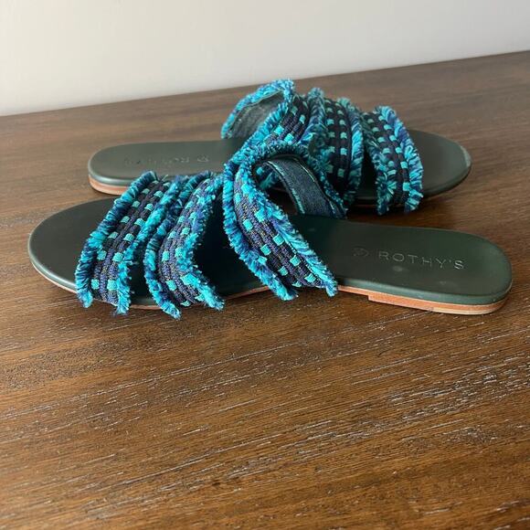 Rothy’s Woman’s Teal Blue Print Slip On Fringe Triple Band Sandal- Size 8.5 - Picture 6 of 10
